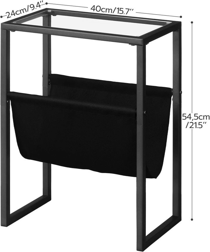 Narrow Side Table, Tempered Glass End Table, Black