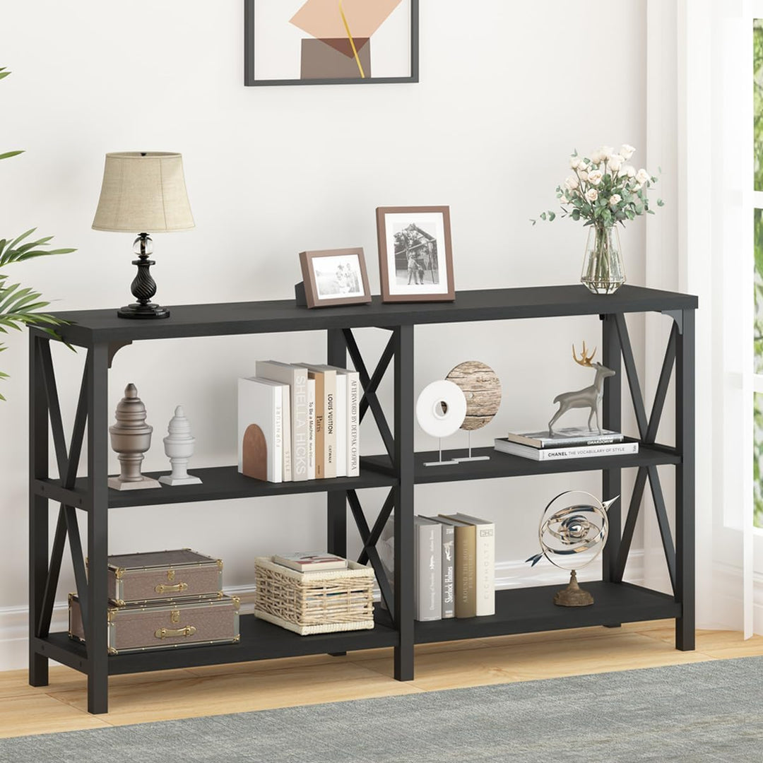 Black Console Table, 3 Tier Shelves, 55 Inch