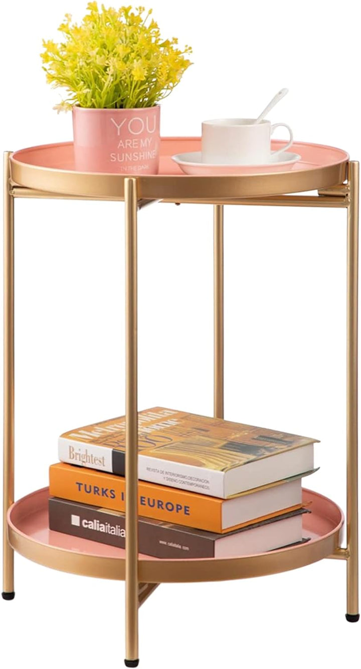 2-Tier Round Metal End Table, Gold&Pink