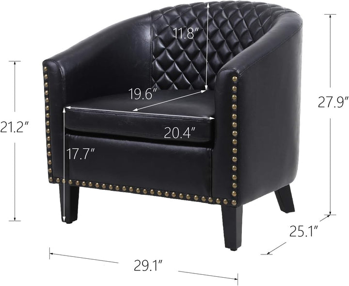 Armchair Barrel Club Chair,Modern PU Leather Accent Chair Arm Club Chair w/Nailheads and Solid Wood Legs,Tub Barrel Style Lounge Chair (Black)