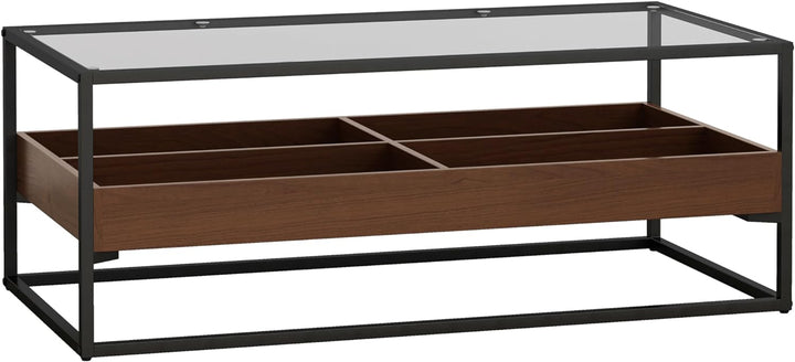 Modern Tempered Glass Coffee Table, 2-Tier with Storage Black, Brown