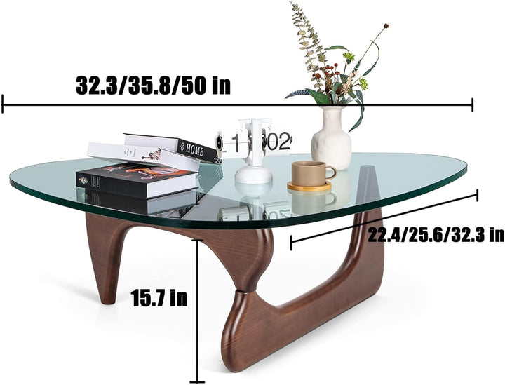 Triangle Glass Coffee Table, Mid-Century Modern End Table, Walnut Teal