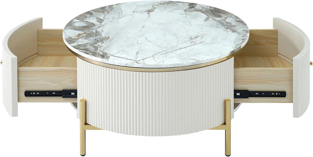 Merax Modern Round Coffee Table with Drawers, Off White