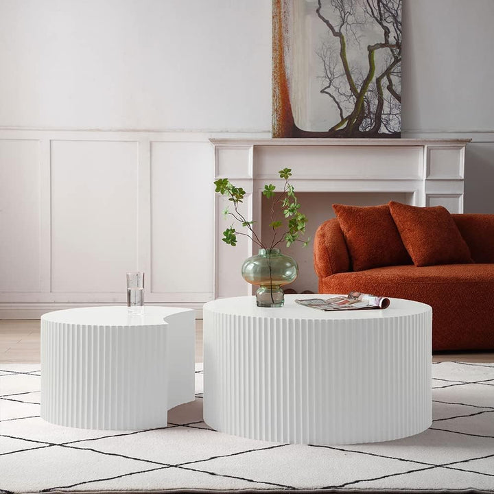 Modern Fluted Coffee Table Set, Round White Side Tables