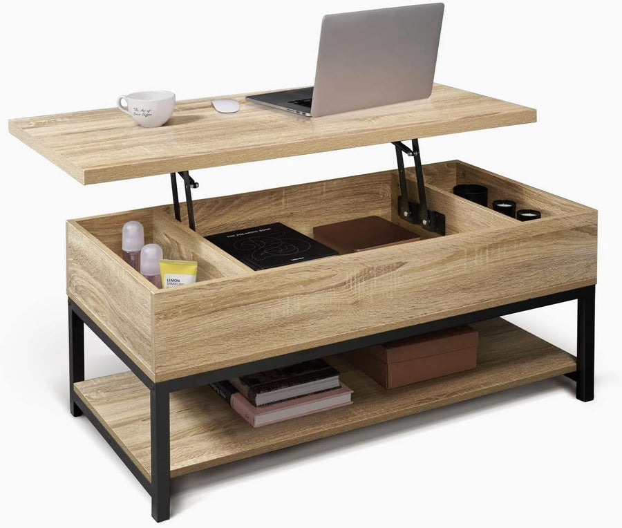 Lift Top Coffee Table with Storage, Open Shelf, Hidden Compartment, Natural Oak