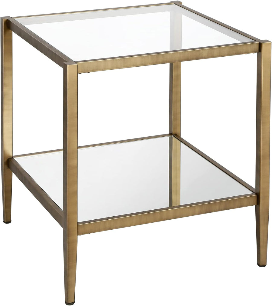 Elegant Square Side Table with Mirror Shelf, Brass Finish