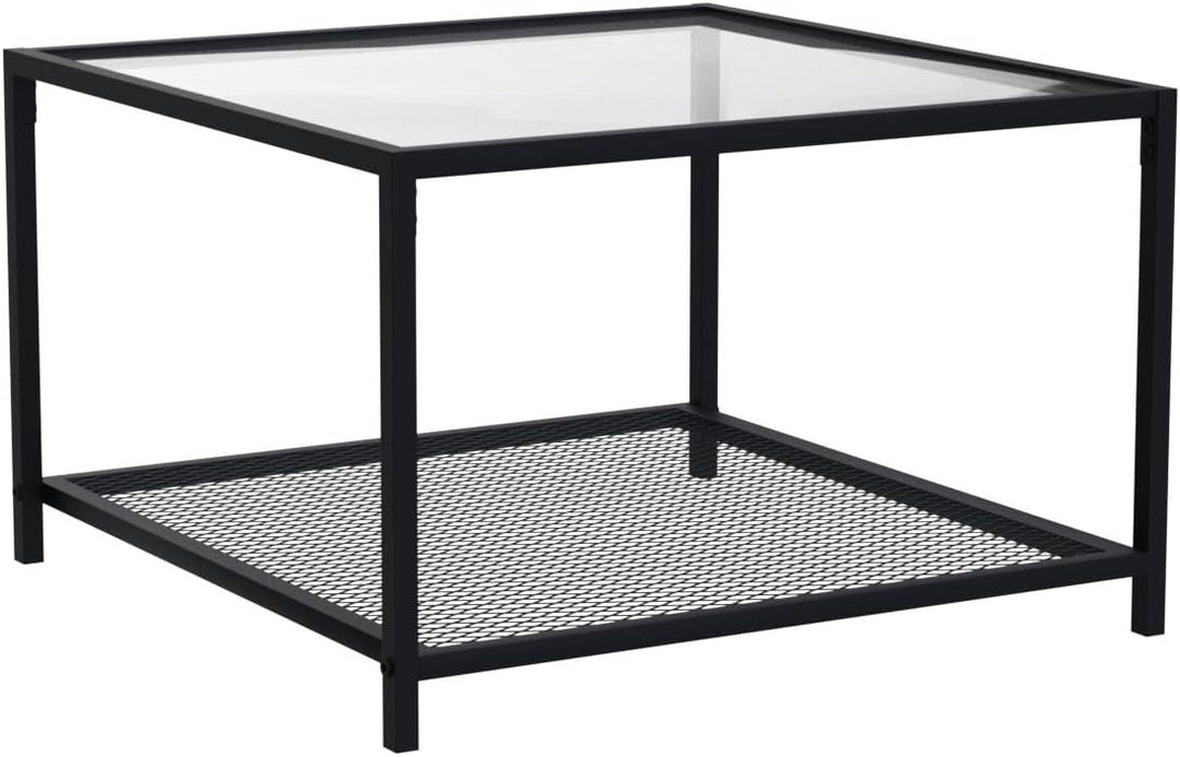 Modern Glass Coffee Table with Storage, Industrial Square Center Table