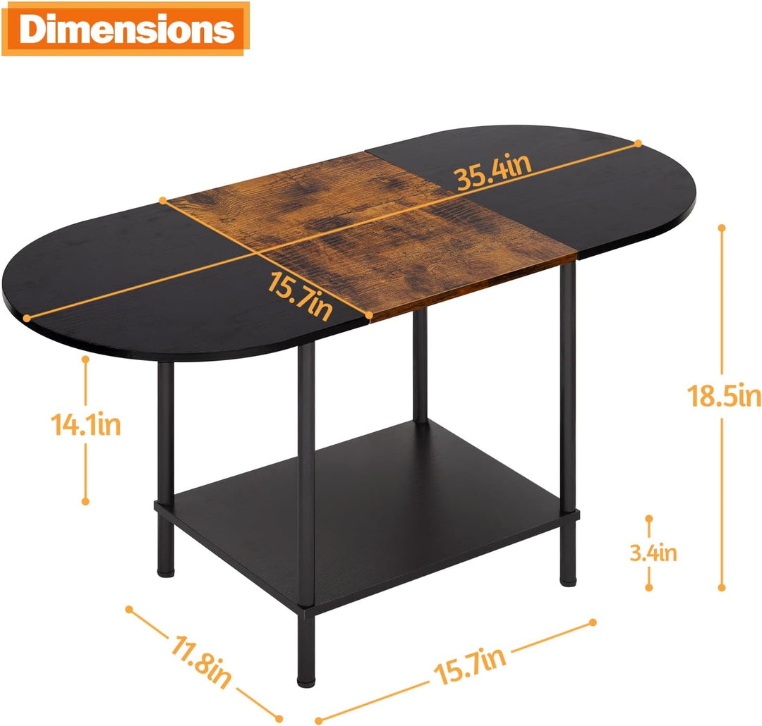 Coffee Tables for Living Room, 2-Tier Small Oval Center Table with Storage Shelf, Industrial Modern Style, Wood Tabletop, Brown & Black