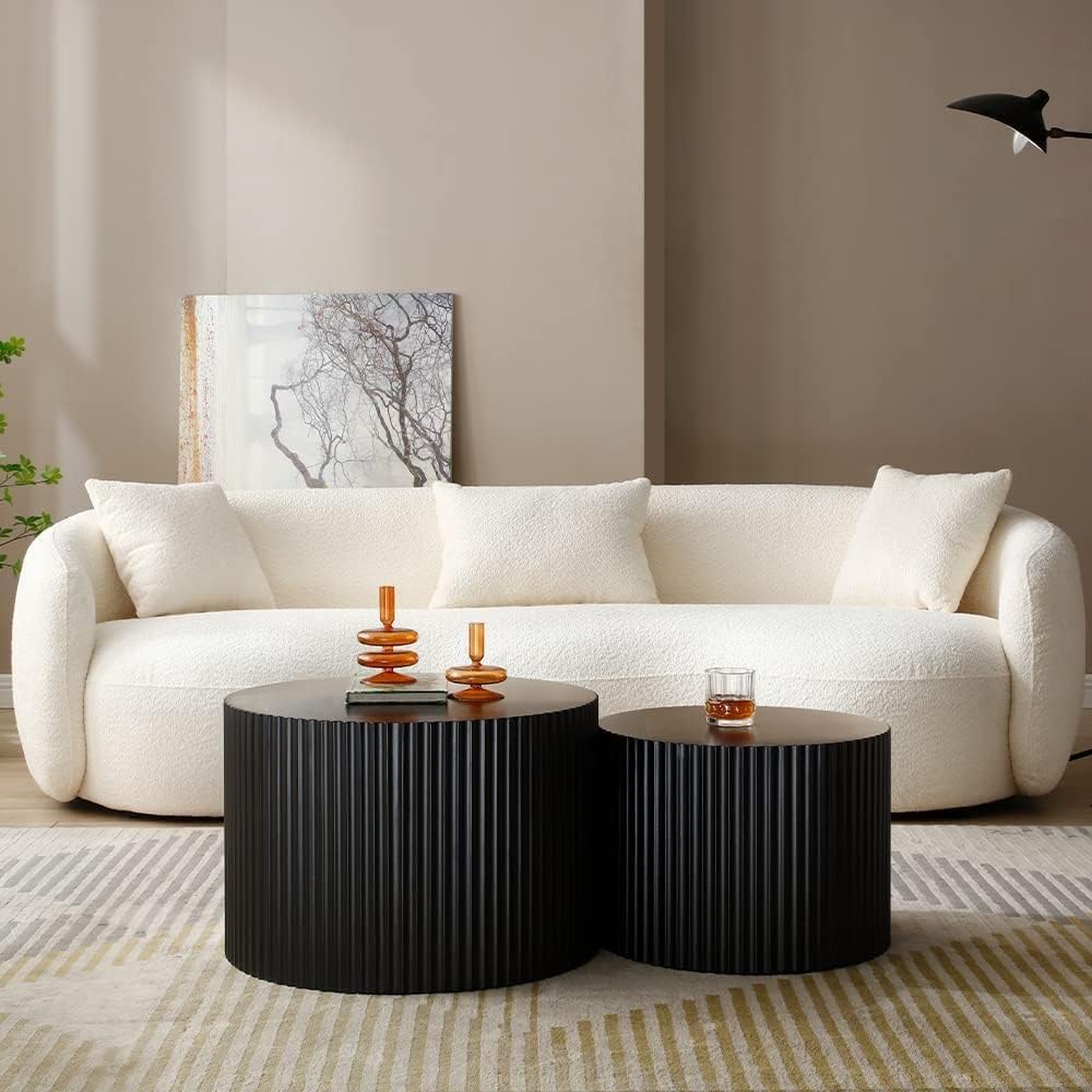 Nesting Coffee Table Set, Modern Drum Side End Tables, 23.62" Round-Black