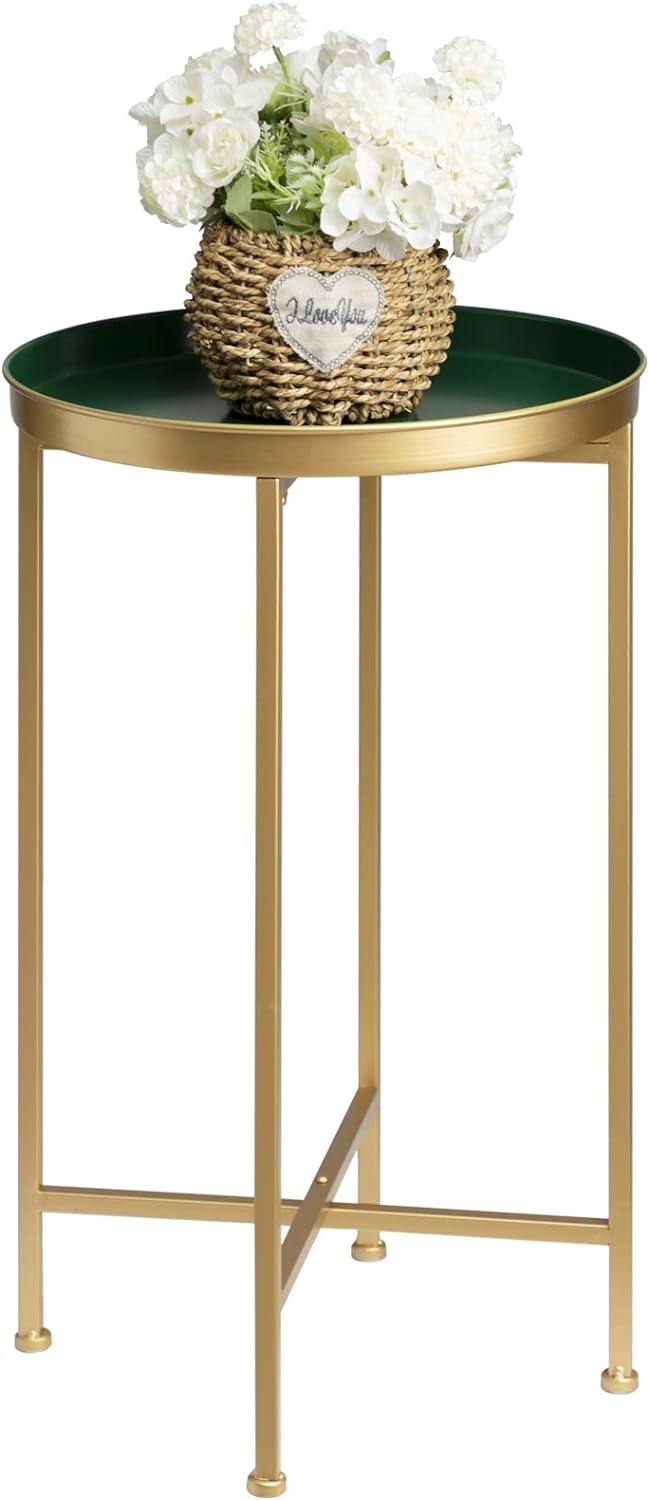 Gold Side Table, Small Round Metal Folding Accent