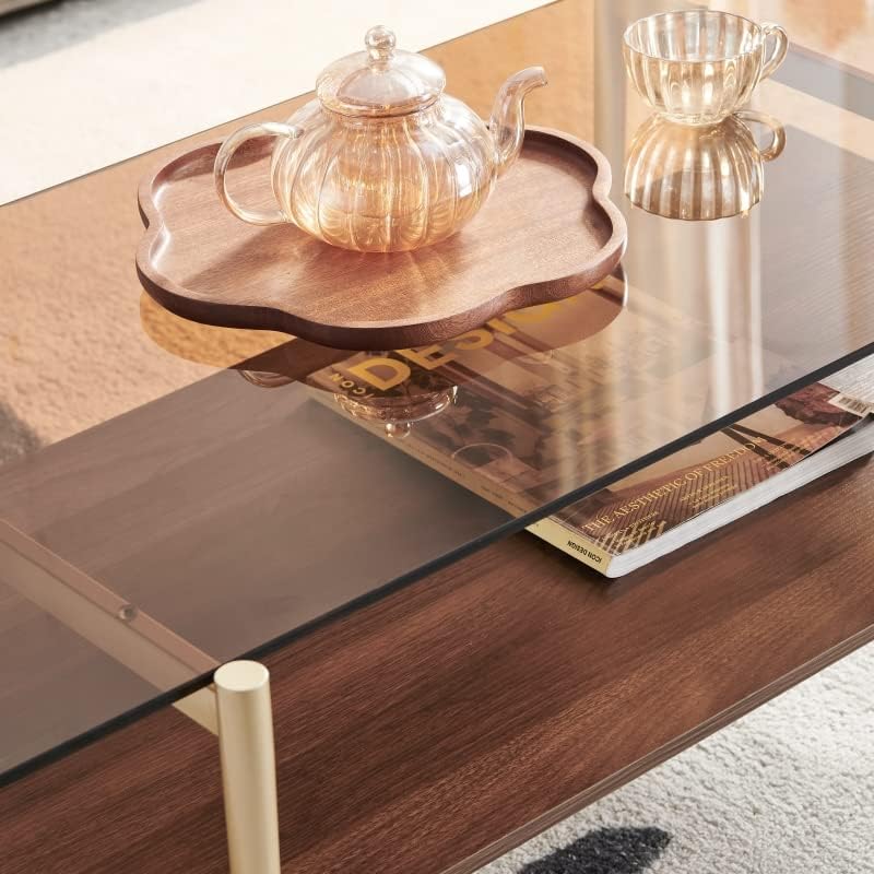 AGV LIGHTING Glass Coffee Table, Double Layer, Gold Frame, Coffee Brown Glass Top, Walnut Brown Wood Top