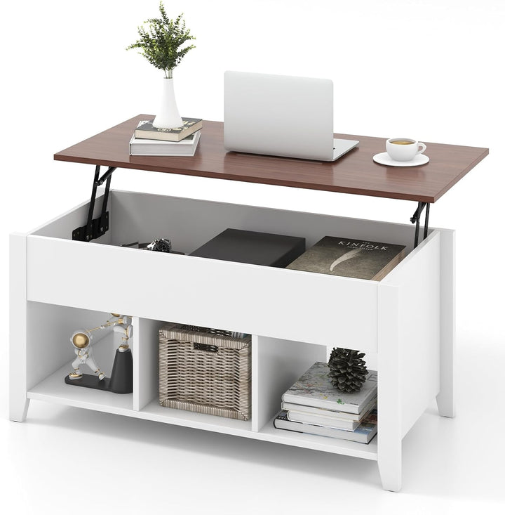 Lift Top Coffee Table with Hidden Compartment, 3 Shelves, White