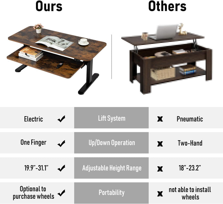 TOPSKY Electric Adjustable Coffee Table with Pull-Out Tray, Rustic Brown