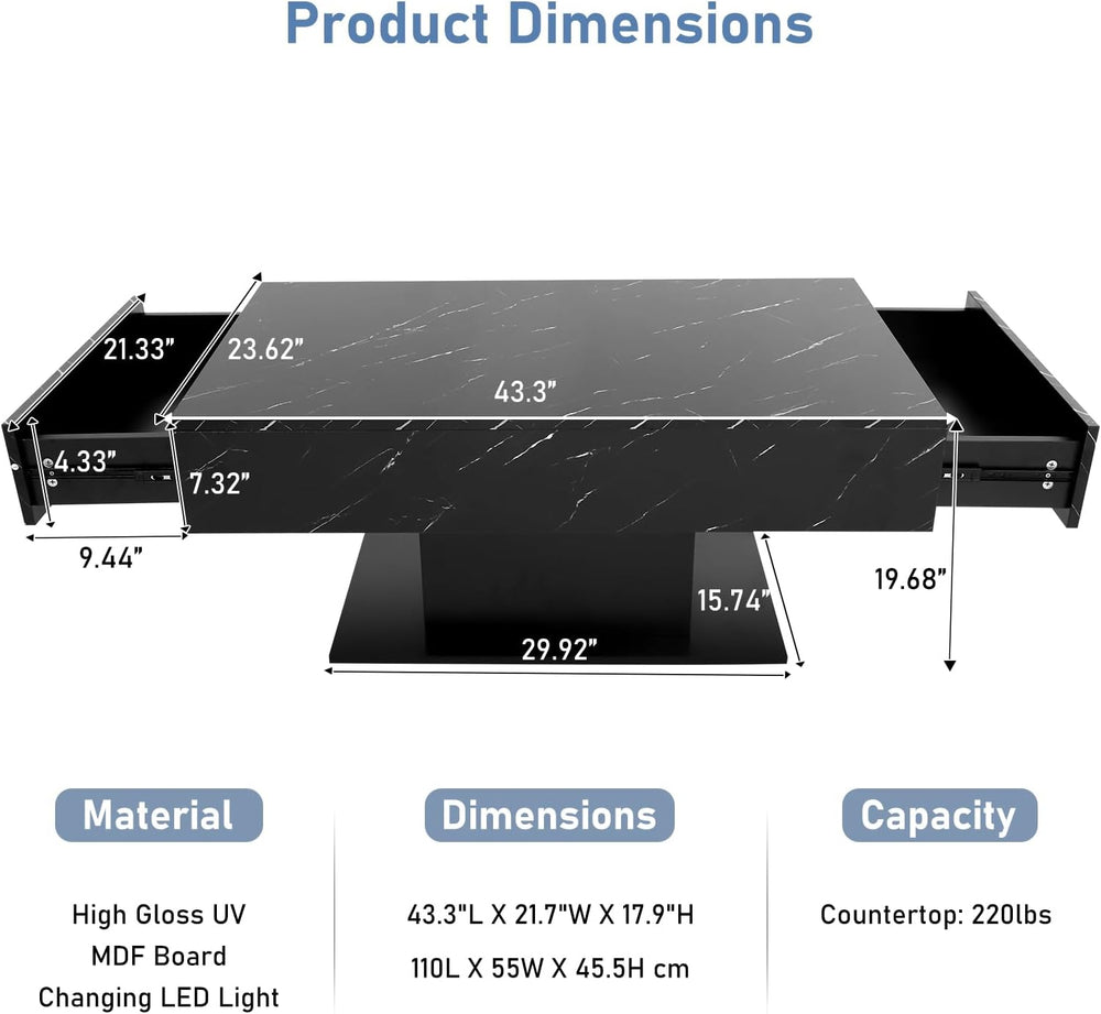 LED Coffee Table, Large Center Table, Smart Gaming Tea Table, High Gloss Black, Marbling Print