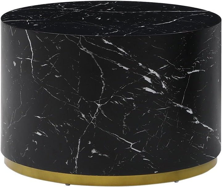 Modern Round Gold Drum Coffee Table, Black with Gold Rim, Marble