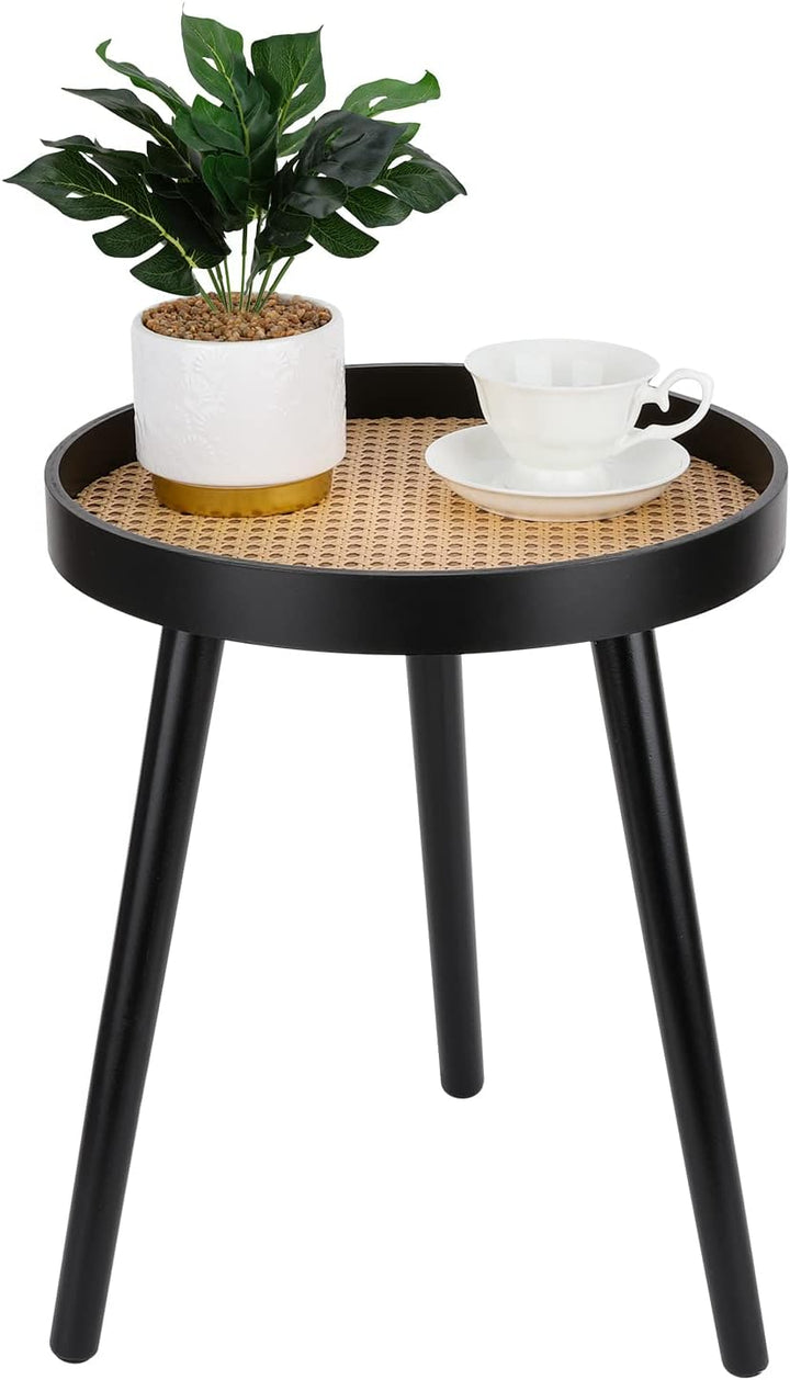 Rattan Round Side Table, Black