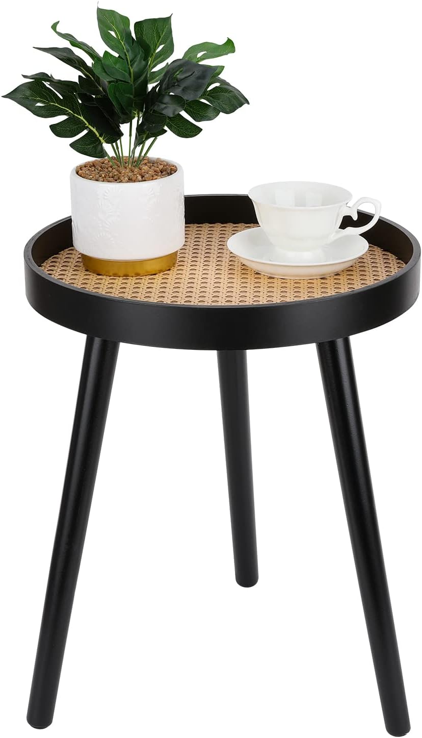 Rattan Round Side Table, Black