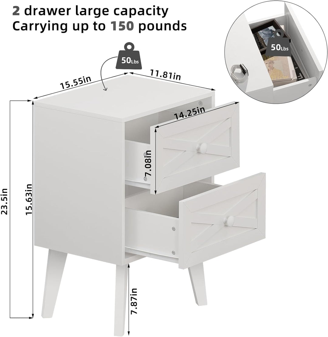 Nightstand Set of 2, White End Table with 2 Drawers