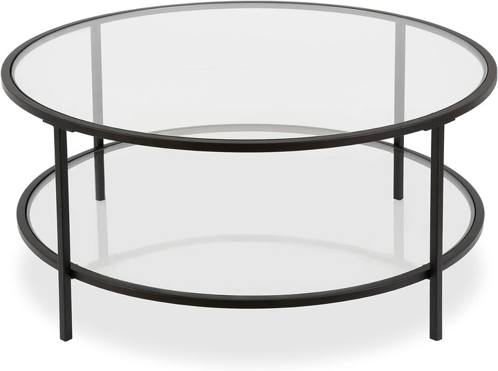 Blackened Bronze Round Coffee Table with Glass Top, Modern