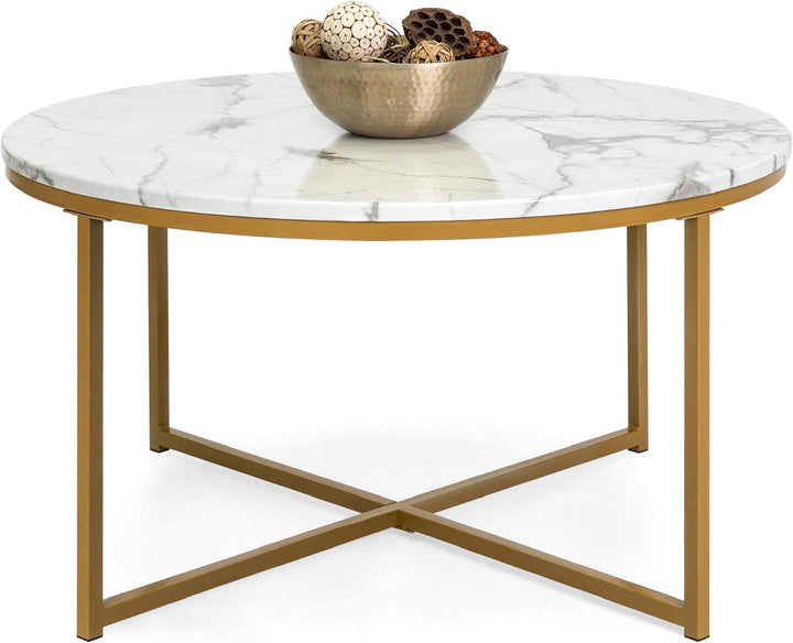 Faux Marble Accent Table, Modern End Table - White/Gold