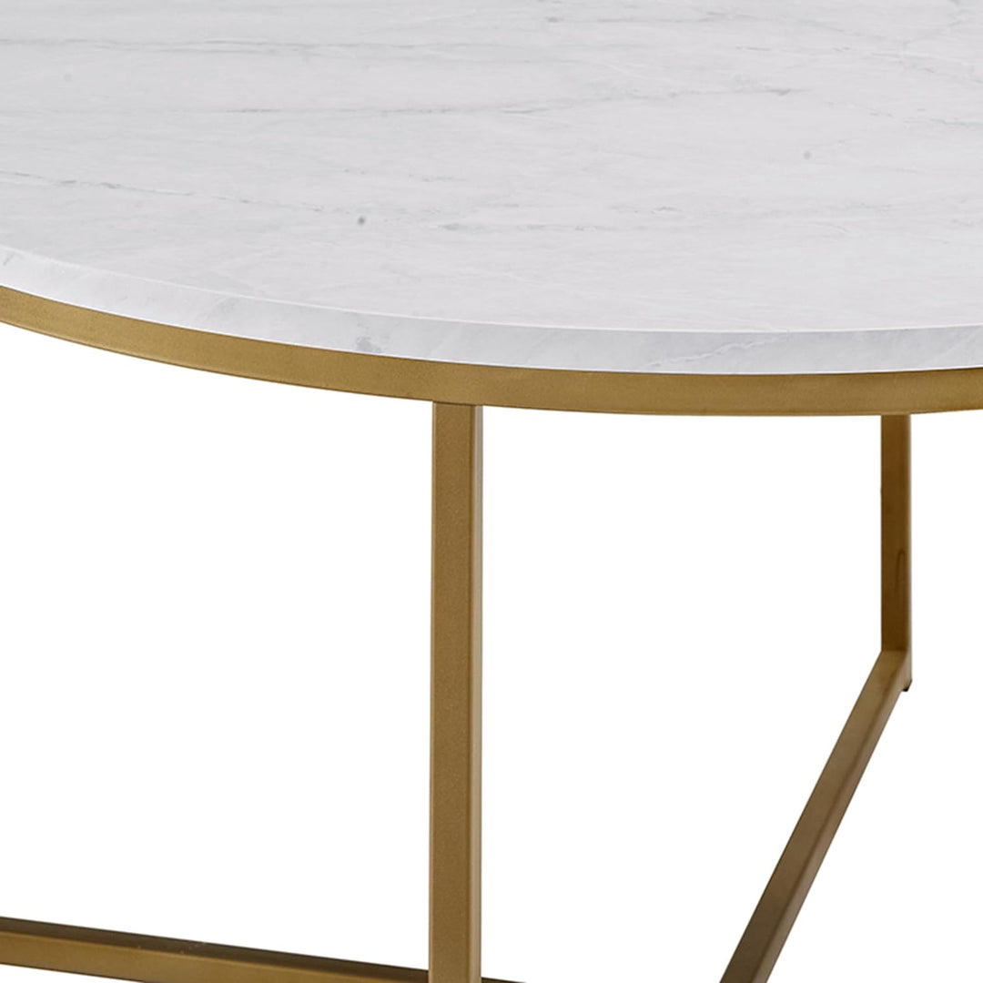 Modern Glam Round Accent Coffee Table, Faux White Marble, Gold