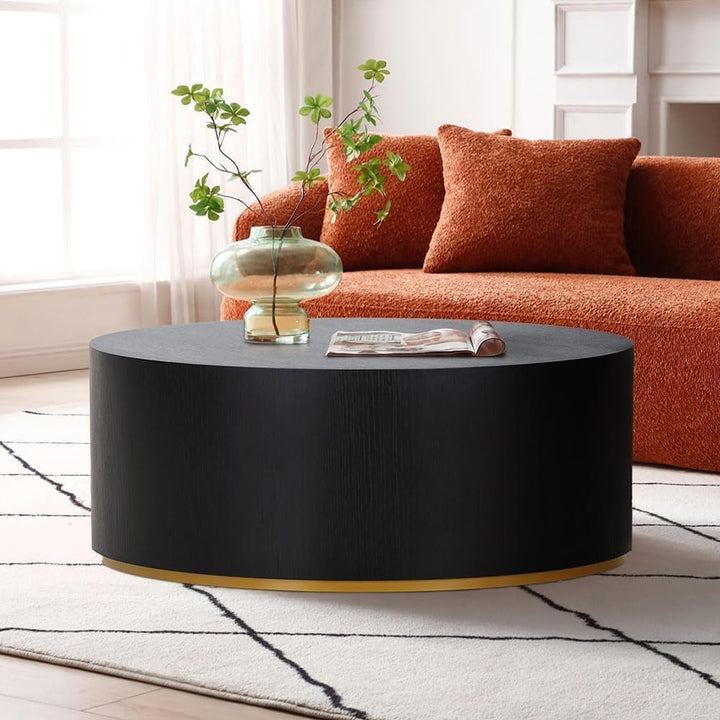 Black and Gold Round Coffee Table, Modern Circle Drum Design