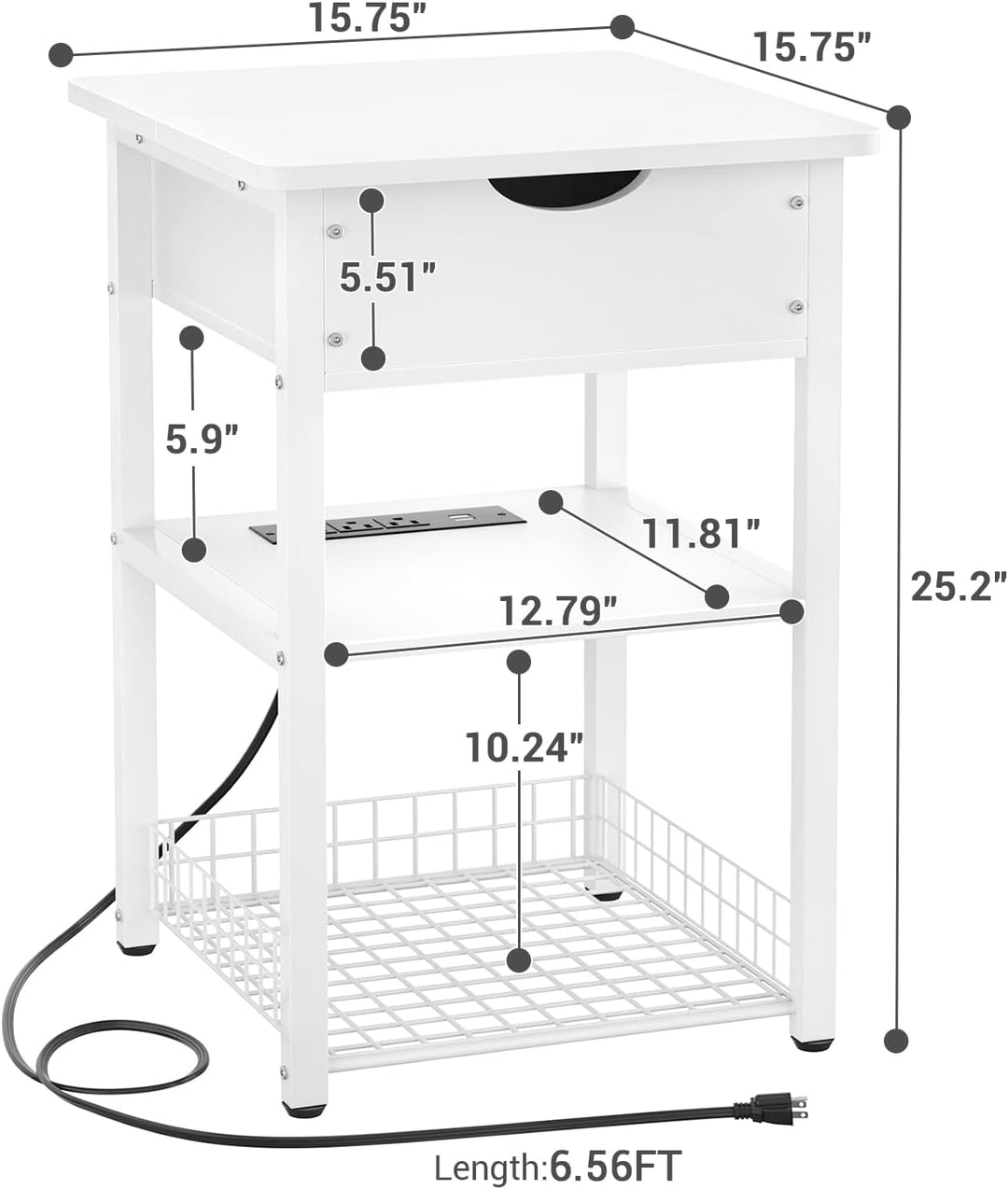 Nightstand Set of 2 with Charging Station, 25.2", White