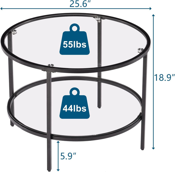 Stylish 2-Tier Glass Top Coffee Table with Storage, Black