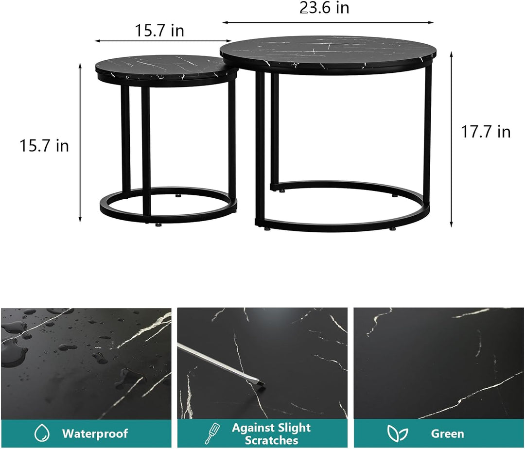 Black Nesting Coffee Table Set, Round Wood Grain Top, Industrial End Tables, Black