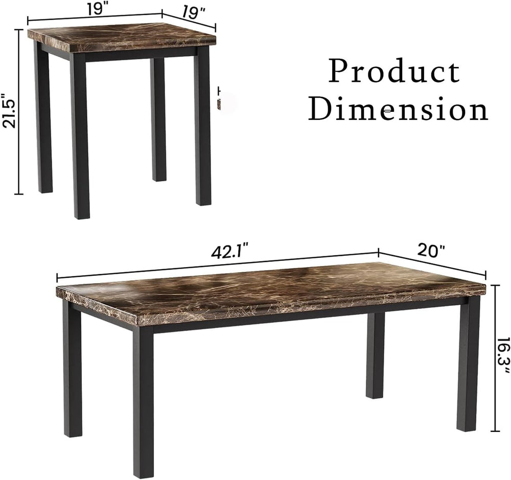 Lamerge Modern Marble Coffee End Table Set, 3-Piece, Brownblack