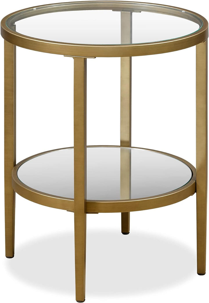 Elegant Round Side Table with Mirror Shelf, Antique Brass