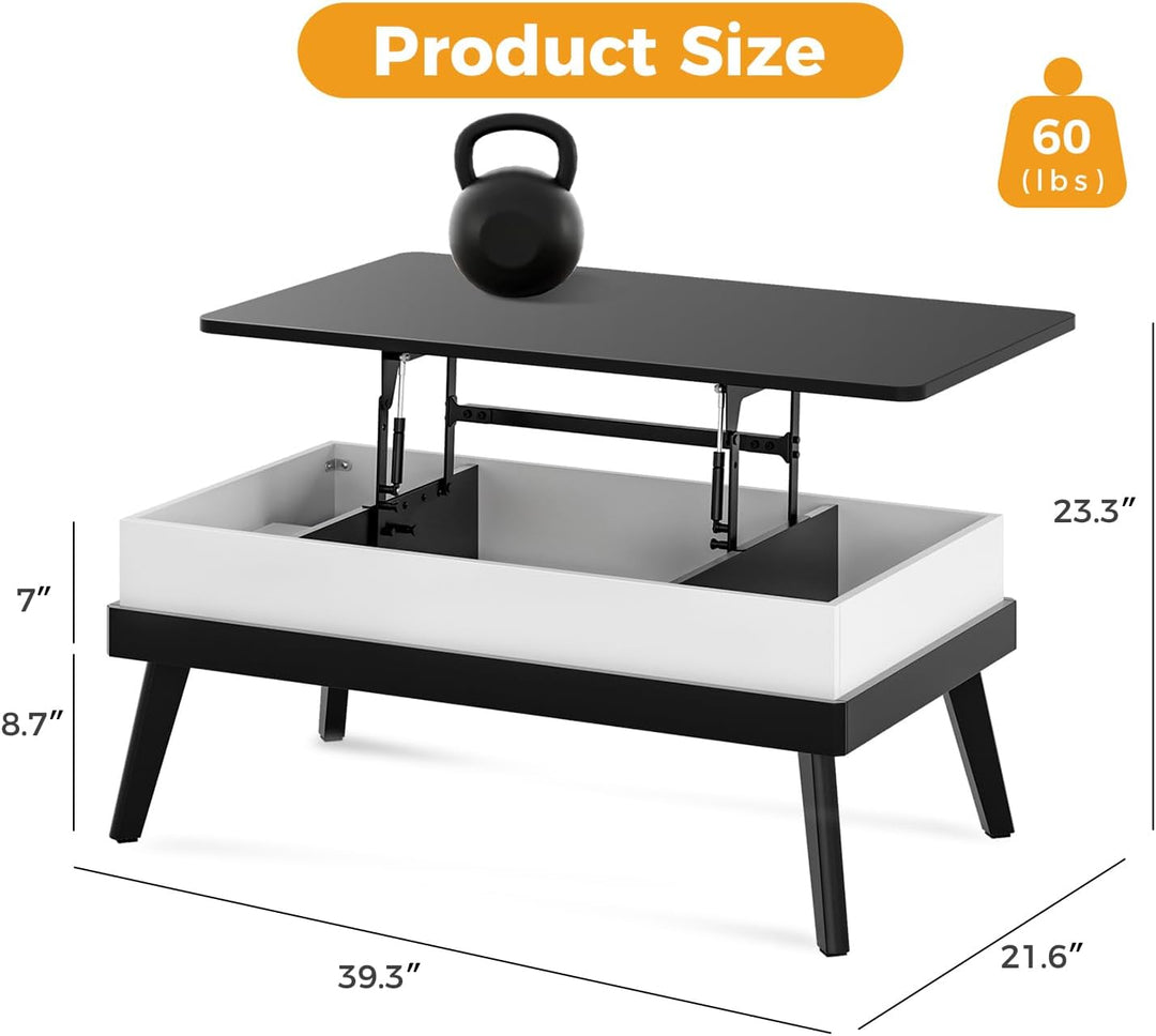 Lift Top Coffee Table with Hidden Storage, Adjustable, Black