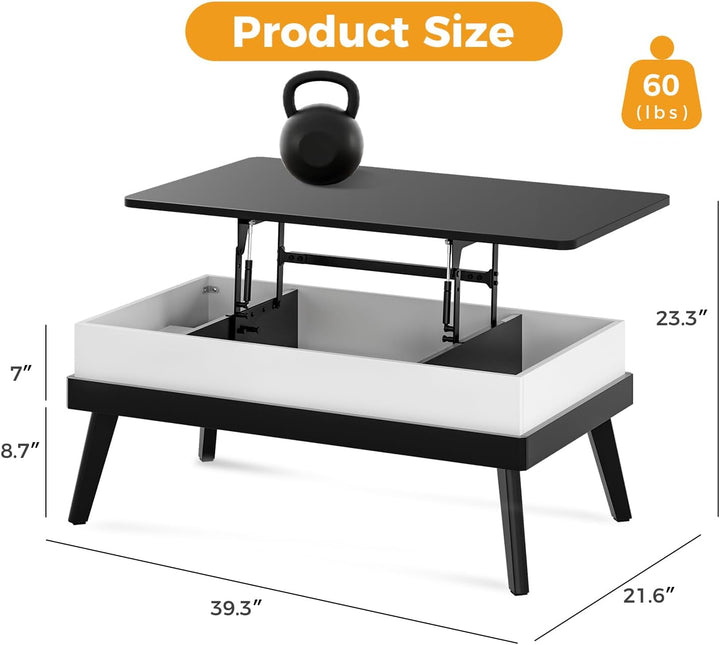 Lift Top Coffee Table with Hidden Storage, Adjustable, Black