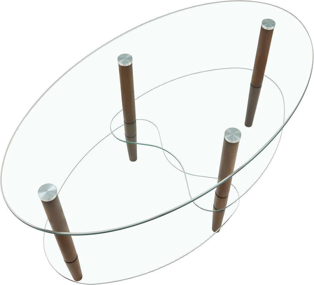 Elegant Oval Glass Coffee Table with Oak Wood Legs, Brown