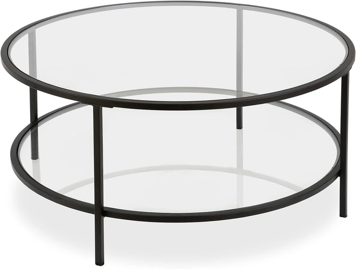 Blackened Bronze Round Coffee Table with Glass Top, Modern