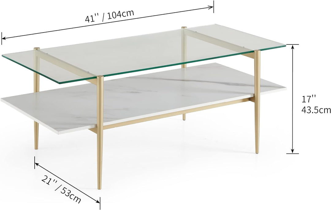 Elegant Glass Coffee Table, Double Layer Design, Gold Frame