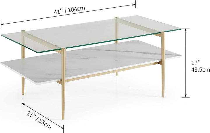 Elegant Glass Coffee Table, Double Layer Design, Gold Frame