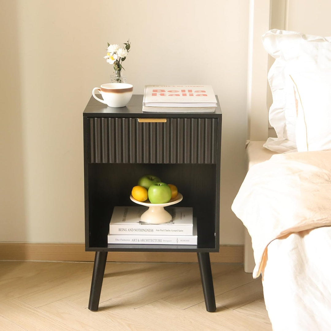 Black Fluted Nightstand, Modern Bedside Table