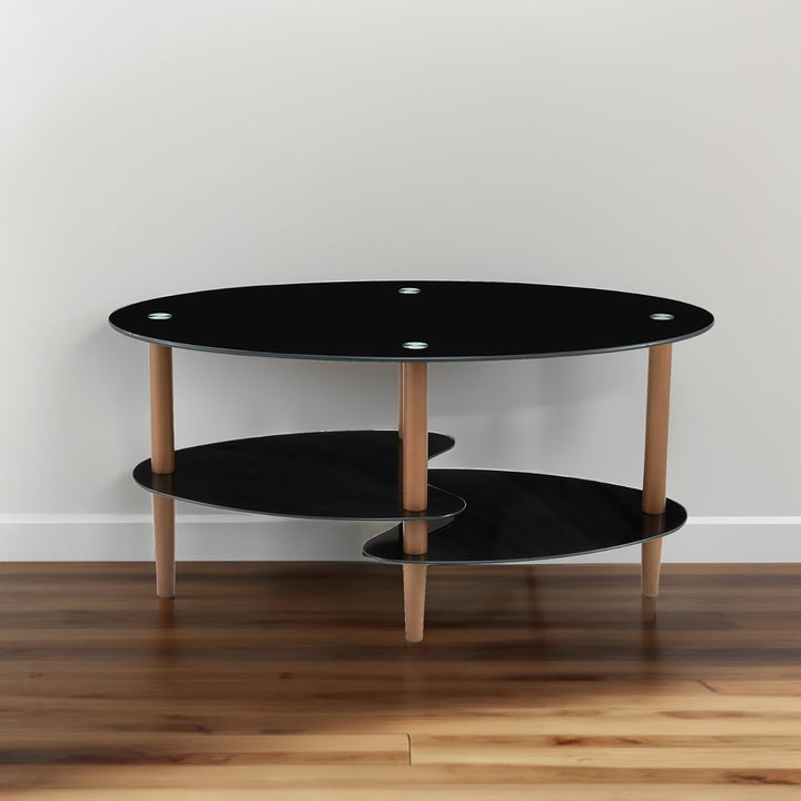 Modern Oval Glass Coffee Table with Oak Wood Legs, Black