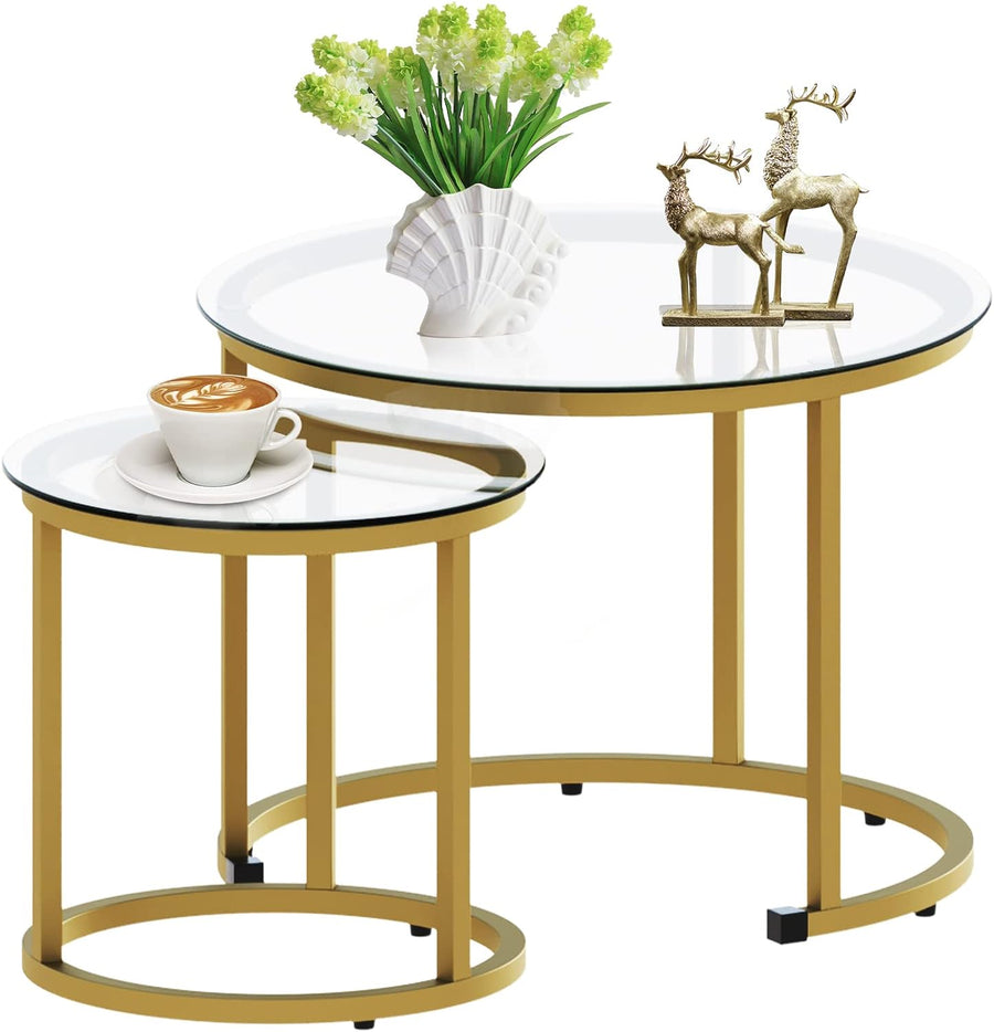 Gold Nesting Coffee Table Set of 2, Glass Tables