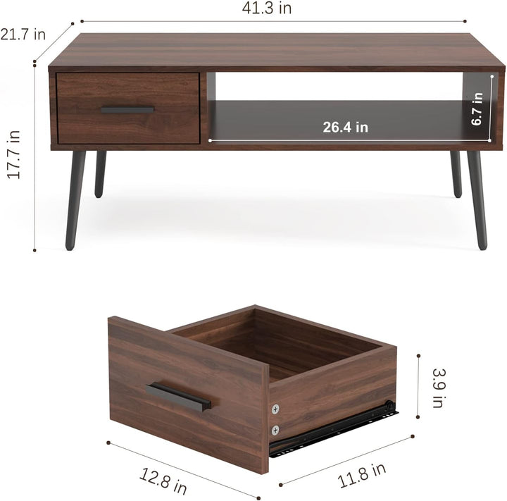 Mid-Century Modern Coffee Table with Drawer and Shelf, Walnut