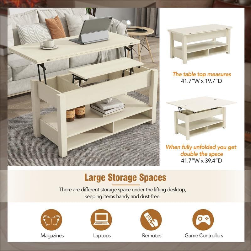 Lift Top Coffee Table with Storage Shelf, Wooden Coffee Tables, Ivory