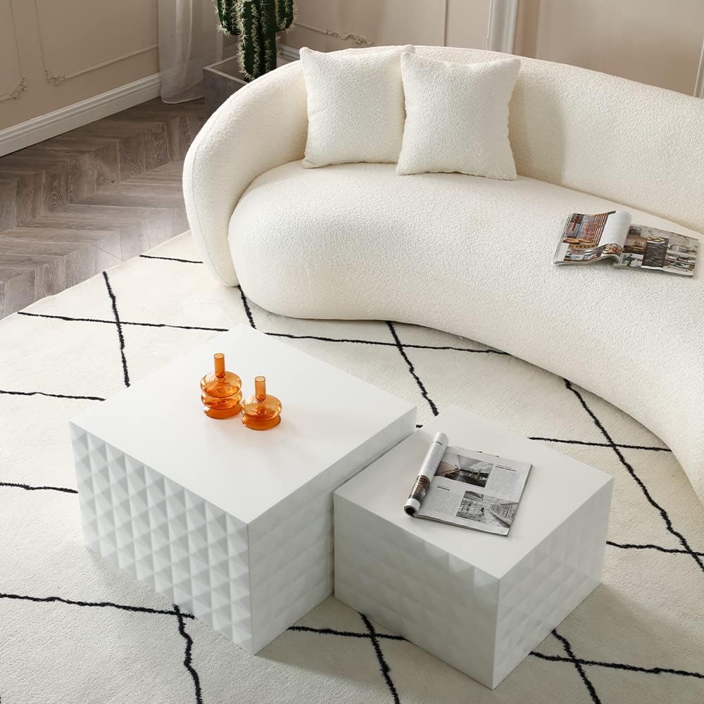 White Nesting Coffee Table Set, Modern Square Coffee Table and End Table Set, Matte White