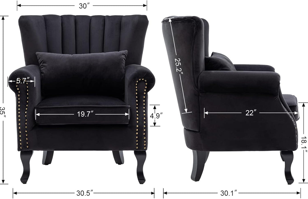 Black Velvet Wingback Chair with Pillow