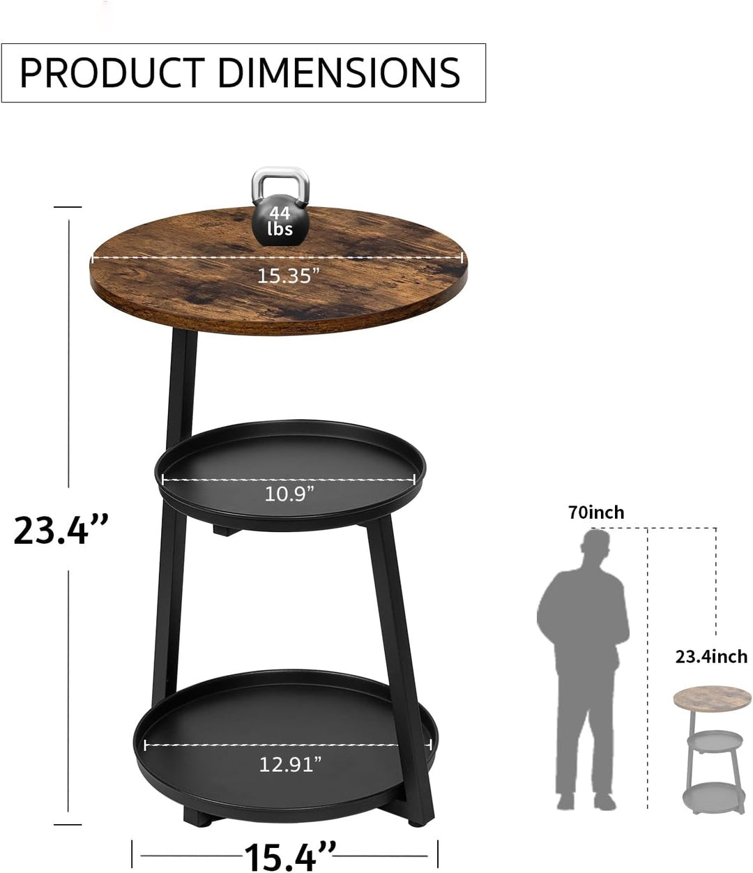 Round Side Table, 3 Tier Coffee Table, Industrial