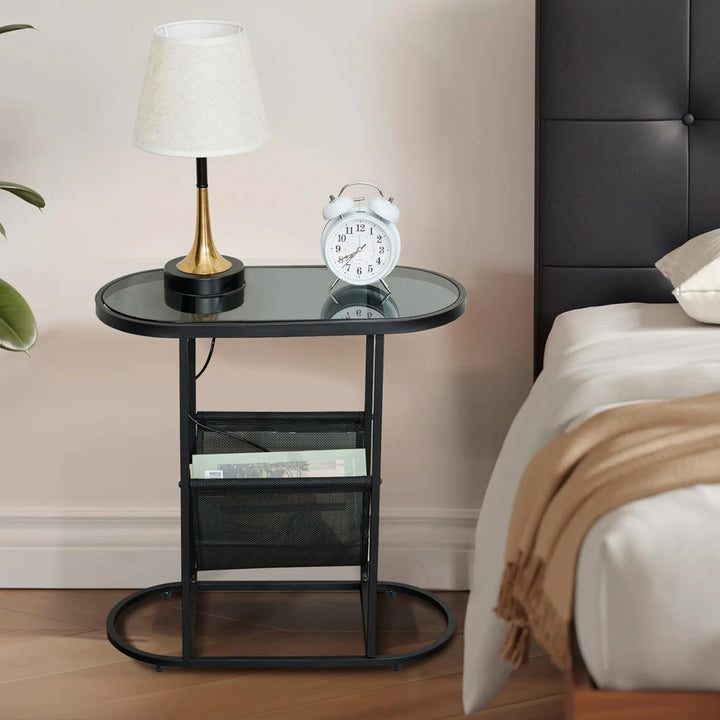 Narrow Side Table, Oval End Table, Glass Top