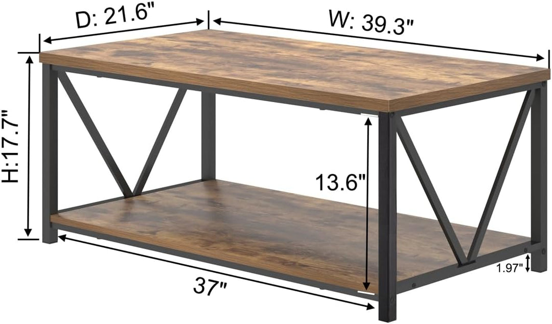 Modern Industrial Coffee Table with Storage Shelf, Rustic Brown