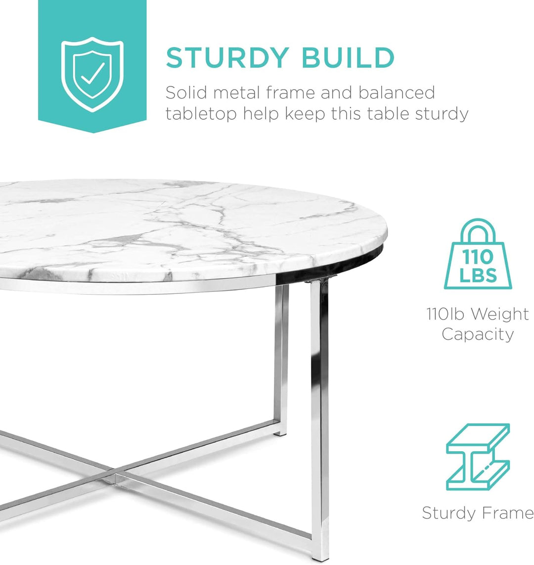 Faux Marble Accent Table, Modern Large End Table, White/Chrome