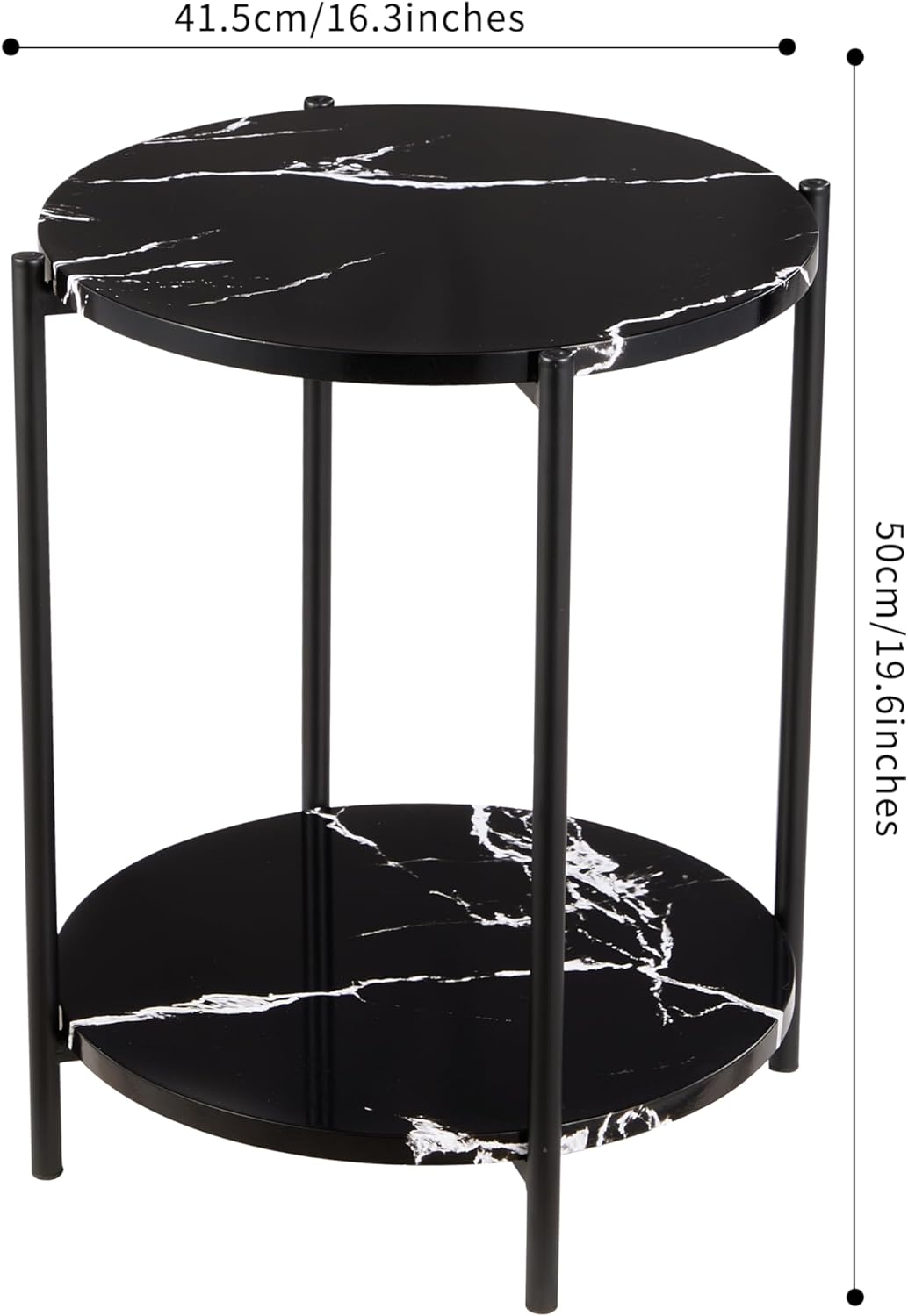 2 Tier Round Side Table, Faux Marble Black Accent Table