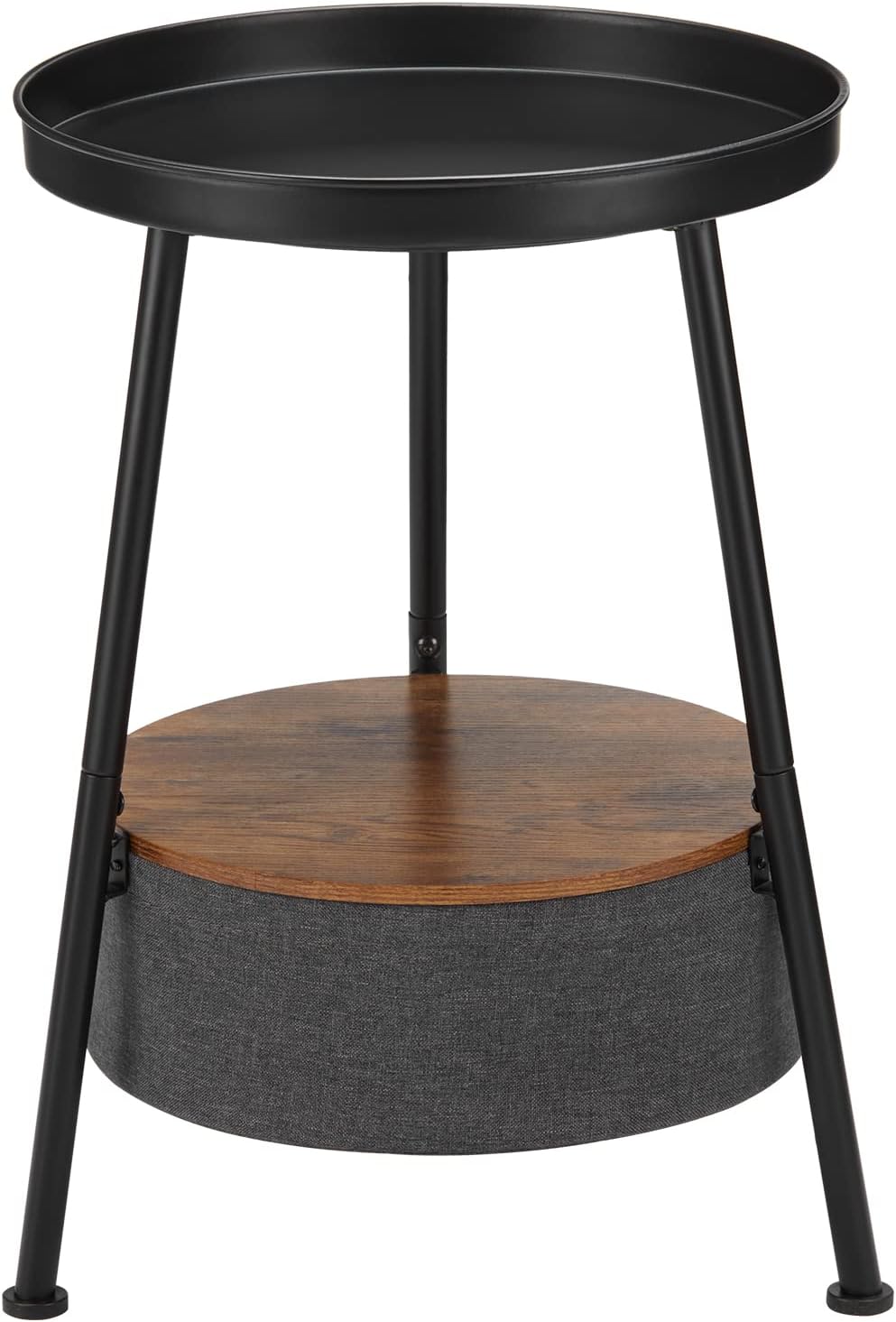 Industrial Round End Table, 2 Tiers Black Round Side Table with Storage Basket